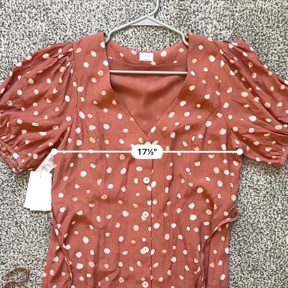 Wilfred Aritzia Libretto Dress – Rust Polka Dot Tie-Front Midi – Size Large - Picture 11 of 12